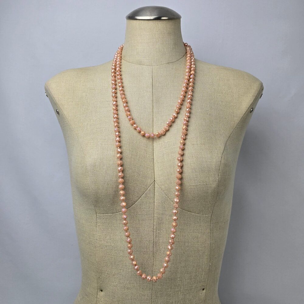 Peach Faceted Beaded Hand Knotted Long Necklace